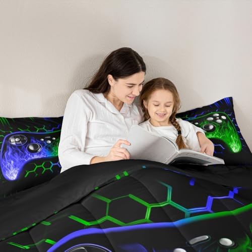 Erosebridal Honeycomb Gaming Boys Comforter Set Blue Green Neon Lights Game Console King Bedding Set Ombre Art Geometric Hexagon Beehive Duvet Set Gamer Room Decor for Boys - Image 3