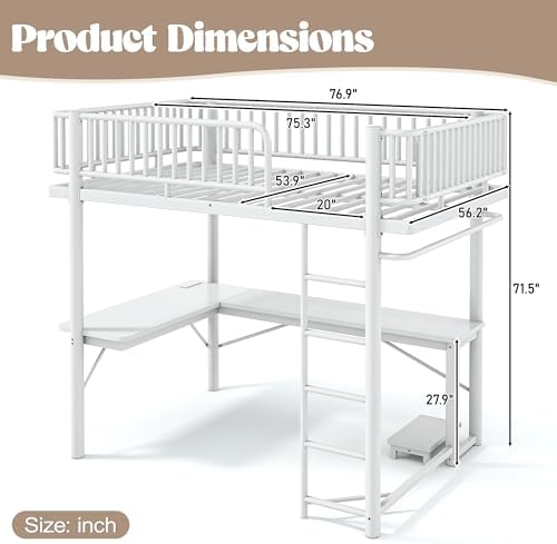 Bellemave Full Metal Loft Bed with L-Shaped Desk,LED Lights and Charging Station,Heavy Duty Loft Bed Frame with Hanging Rod & CPU Tray for Kids Teens Adults,Space-Saving,White - Image 2