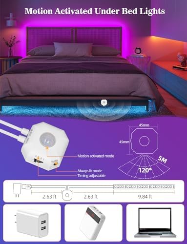 Daymeet Motion Sensor Under Bed Lights, 9.8ft RGB Motion Activated LED Strip Lights with Automatic Shut Off Timer App Control Cabinet Night Light Closet Lights for Hallway, Kitchen,Bedroom,Stair - Image 2