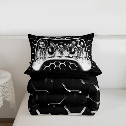 Erosebridal Honeycomb Gaming Kids Comforter Sets Boys Grey Neon Lights Game Console King Bedding Set Ombre Art Geometric Hexagon Beehive Quilt Set Gamer Decor for Boys Bedroom Decor - Image 7