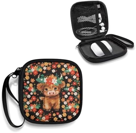 Floral Print Highland Cow Earphone Case Earbuds Small Carrying Cases Portable Headphone Organizer Storage Pouch Bag with Handle - Image 2