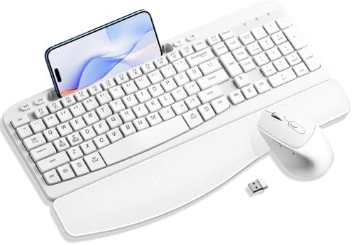 Hayyiesh Ergonomic Wave Keys Wireless Keyboard and Mouse Combo, Full Size with Memory Foam Wrist Rest & Phone Holder, 2.4G Cordless Set with USB-C Adapter for Windows Mac Desktop Laptop (White) by Hayyiesh