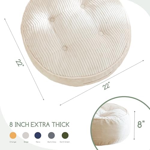 HIGOGOGO 8" Extra Thick Floor Pillow Cushion for Adults, Meditation Cushion Pillow, Large Round Floor Sitting, Tufted Corduroy Cover, for Tatami Living Room or Yoga, 22x22 Inch, 2Pack, Beige - Image 2