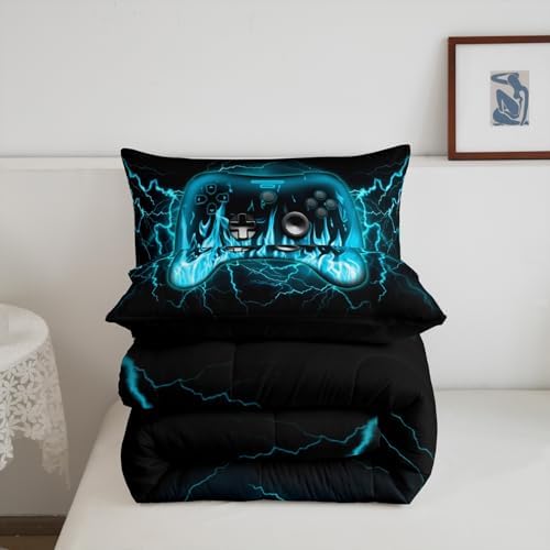 Feelyou Gamer Bedding Set King Size for Kids Boys,Gaming Comforter Set,Teens Boys Bedroom Room Decor,3D Geometric Video Game Contoller Comforter,Lightnings Fire Gaming Bed Set for All Season - Image 5