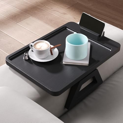 Couch Arm Tray with 360°Phone,Bamboo Folding Sofa Tray,Sofa Armrest Trays Clip-On Couch Desk for Drinks,Snacks,Phone,Remote Control（Black） - Image 2