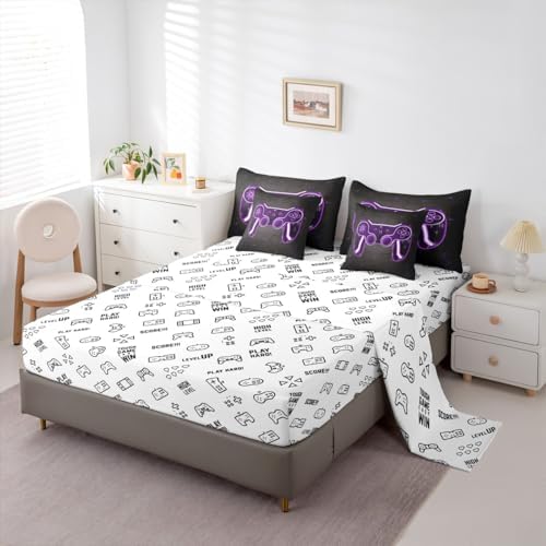Feelyou Gamer Comforter Set with Sheets for Kids Boys Teens Game Controller Bed in a Bag Gaming Gifts 7 Piece Bedding Set Full Size for All Season,Purple Bed Set - Image 4