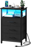 Yoobure Night Stand with Charging Station, Black Nightstand with 3 Fabric Drawers and Storage Shelf, LED End Table with USB Ports and Outlets, Bedside Table for Small Space, Small Dresser for Bedroom by Yoobure