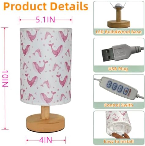 Whale Kids Table Lamp for Bedroom,Kids Bedside Lamps 3 Colors Dimmable Nightstand Night Light with Cartoon Flaxen Fabric Shade Desk Lamp for Girls Boys Room Nursery Ocean Decor,Birthday Kids Gift - Image 6