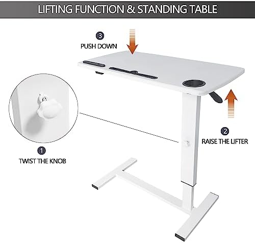 Over Bed Table Pneumatic Adjustable Height Stand Desk with Hidden Wheels USB Ports Pad Slot Mobile Laptop Standing Desk Cart, Podium Table (White, 32X16 inshes) - Image 5