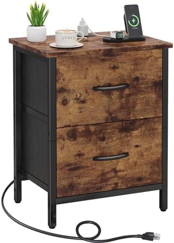 Vagusicc Nightstand with Charging Station, Bedside Table with USB Ports and Outlet, End Table Side Table with 2 Fabric Drawers for Bedroom, Living Room, Rustic Brown by Vagusicc
