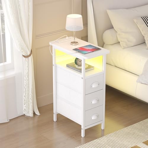 sthmec End Table with Charging Station,LED Side Tables with USB Ports and Outlets,Skinny Bedside Tables with 3 Drawers,Small Tabls Nightstands for Small Space,Slim Sofa Table for Livingroom, White - Image 7