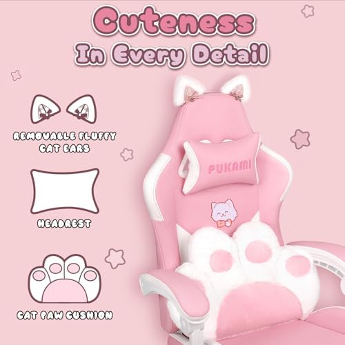 PUKAMI Pink Gaming Chair Cute with Cat Ears and Cat Paw Lumbar Cushion, Ergonomic Computer Chair for Girl with Footrest and Headrest, Comfortable Reclining PC Game Chair for Adult, Teen (Pink) - Image 3