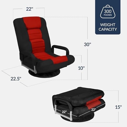 Best Choice Products Swivel Gaming Chair 360 Degree Multipurpose Floor Chair Rocker for TV, Reading, Playing Video Games w/Lumbar Support, Armrest Handles, Adjustable Foldable Backrest - Black/Red - Image 3