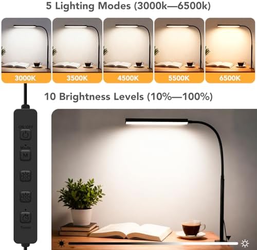 LED Desk Lamp with Clamp, 5 Color Modes & 10 Brightness Levels, Eye-Caring Desk Light, Flexible Gooseneck, Memory Function, Adapter Included for Home Office, Reading & Study - Image 2