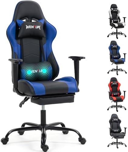 Gaming Chair with Footrest, Ergonomic PC Desk Chair with Headrest and Massage Lumbar Support, Video Game Chair with Height Adjustable High Back for Home Office, PU Leather, Blue by WENTUM