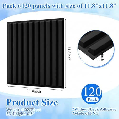 Nuanchu 120 Pcs 3D Wall Panels, 12"x12" PVC Fluted Tiles, Black - Image 2