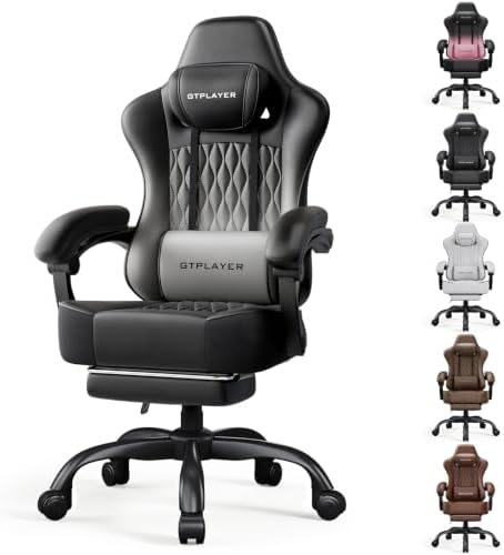 GTPLAYER Big and Tall Gaming Chair with Footrest, Ergonomic Office Desk Chair with 4.4in Thick Cushion and Wide Wingless Seat, Comfortable Leather Computer Chair, Predator Series, Gray Gradient by GTPLAYER