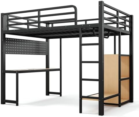 Bellemave Full Size Gaming Loft Bed with Desk, Peg Board, RGB Lights & USB Ports, Metal Full Loft Bed Frame with Storage Shelves & Hanging Rod for Teens Adults, Black - Image 8
