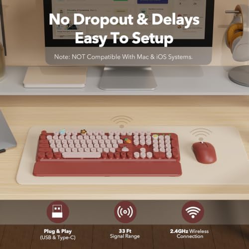 Wireless Keyboard and Mouse Combo, Round Keycaps, Full-Size Retro Typewriter Keyboard with Magnetic Wrist Rest, Tilt Legs, 2.4GHz Cordless for Mac, Windows PC, Laptop, SABLUTE CK23, Burgundy Red - Image 5