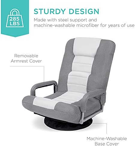 Best Choice Products Swivel Gaming Chair 360 Degree Multipurpose Floor Chair Rocker for TV, Reading, Playing Video Games w/Lumbar Support, Armrest Handles, Adjustable Foldable Backrest - Gray/White - Image 6