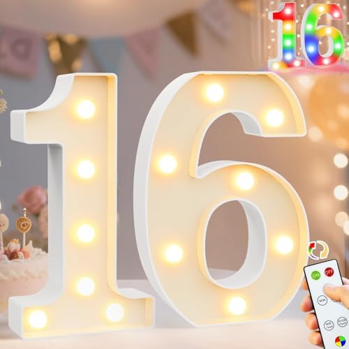 Pooqla 16th Birthday Decoration for Girls Boys, Decorative LED Light Up Numbers, Marquee Numbers 16 Sign for Party Backdrop 16th Wedding Anniversary Decor Gift, Warm White and Colorful Number 16 by Pooqla