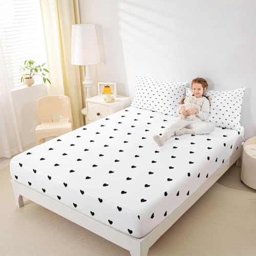 Erosebridal White Black Bed Sheets Cute Heart Pattern Sheet Set Girly Cartoon Love Geometric Bedding Set King Size with Deep Pocket Cute Fitted Sheet for Kids Girls Bedroom Decor Flat Sheet - Image 4