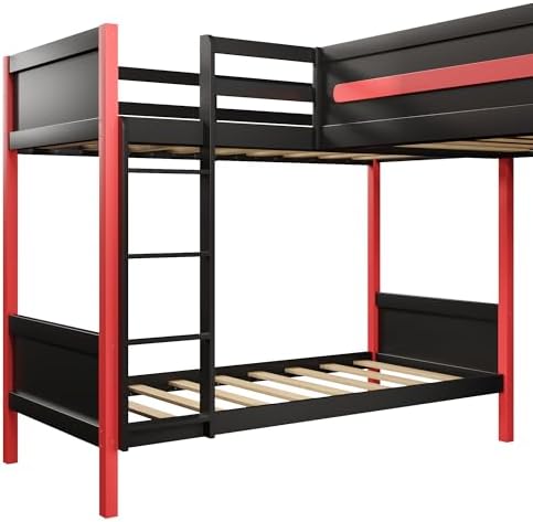 Merax L-Shaped Twin Size Triple Bunk Bed for 3 People, Wood Gaming Loft Bed with Built-in Desk, Shelves, Lights and Full-Length Guardrails, Black+Red - Image 7