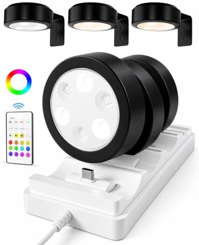 EZVALO Picture Lights for Wall, Rechargeable Battery Magnetic Poster Lights with 3 Color Temps & 12 RGB, Remote Dimmable Timer Light, Wall Decor Light for Art Display (6 Pack with Charging Station) by EZVALO