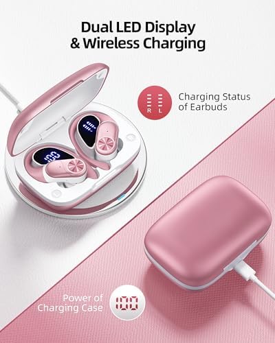 PocBuds Bluetooth Headphones Wireless Earbuds 80hrs Playtime Wireless Charging Case Digital Display Sport Ear Buds with Earhook Deep Bass IPX7 Waterproof Over-Ear Earphones for Phone Laptop Rose Gold - Image 3