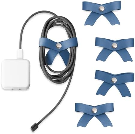 SenseAGE 5 Pack Cord Organizer, Bow Cord Keeper, Cable Organizer USB Holder, Leather Cable Management, Cable Straps, Earphone Winder, Storage Straps for Electronics, Earbuds, Big, Random Blue by SenseAGE