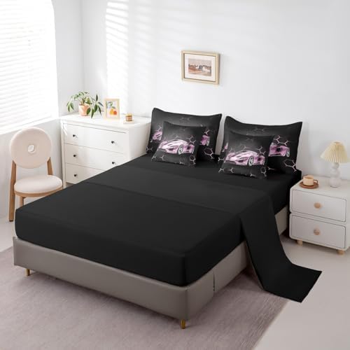 Feelyou Race Car Queen Comforter Set with Sheets for Kids Boys Girls Honeycomb Speed Sports Car Bed in a Bag Pink Extreme Sports Bedding Set 7 Piece Bedroom Decor Hexagon Theme Bed Set - Image 4