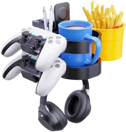 7-in-1 Desk Cup Holder - EURPMASK Organizer with Headphone, Controller Holder, Snack Bucket, and Phone Holder, Clamp-On Desk Accessory with Sturdy Large Storage, Easy to Install, Black by EURPMASKChoosethecolorofeurope