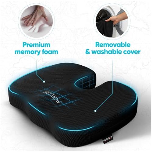 FORTEM Seat Cushion, Office Chair Cushion for Tailbone Sciatica Pain Relief | Memory Foam Pillow for Car | Ergonomic Design | Washable Cover | Non Slip | Black - Image 3