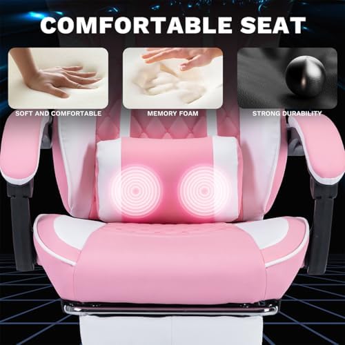 Gaming Desk Chair for Adults, Ergonomic Gaming Chair (Pink+White) | with Footrest & Headrest and Lumbar Support, Leather Material Height Adjustable computer Video Game Chairs - Image 6