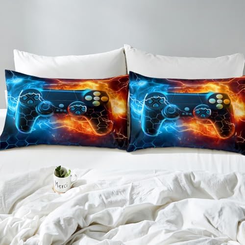 Feelyou Kids Boys Blue Red Gamer Bed Sheets Set King Size, Honeycomb Gaming Sheets with Deep Pocket Fitted for Lightning Gamepad Sheet Set Game Room Decor Bedding Set Soft Bed Set 4Pcs - Image 5