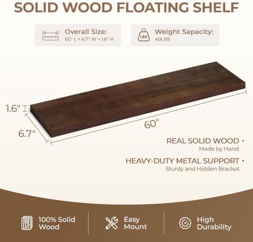 60 inch Long Walnut Floating Shelves Set of 1 | Solid Wood Large Wall Shelves with Invisible Brackets for Living Room, Bedroom, Bathroom, Kitchen, Laundry Room (Walnut, 60 Inch) - Image 2