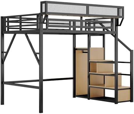 KEIKI Full Size Metal Loft Bed Frame with Convertible Staircase, Built-in Storage Shelves and Wardrobe, Loft Bed with Solid Slats, Guardrail, No Box Spring Required, Easy Assembly, for Bedroom, Black - Image 5