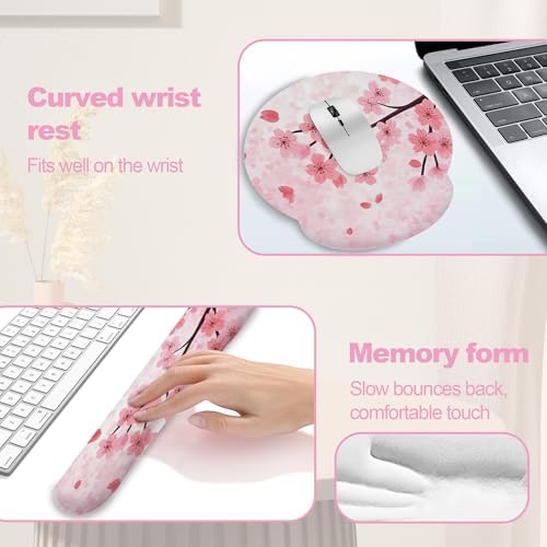 Cherry Blossom Pink Flower Mouse Pad with Wrist Rest Set, 3-in-1 Wrist Support Mousepad Set, Gaming Mat Pad with Anti-Skid Base,Ergonomic Memory Foam Mouse Pad Set for Women, Office, Typing, Gaming - Image 4