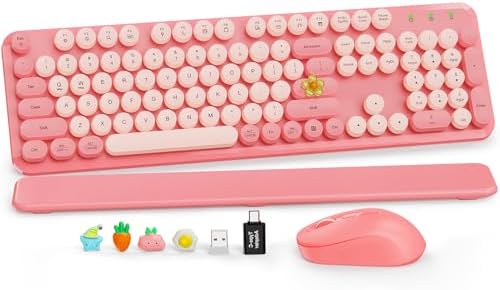 Wireless Keyboard and Mouse Combo, Cute Full-Size Retro Typewriter Keyboard with Round Keycaps, Magnetic Wrist Rest, Tilt Legs, 2.4GHz Cordless for Mac, Windows PC, Laptop, SABLUTE CK23, Baby Pink by SABLUTE