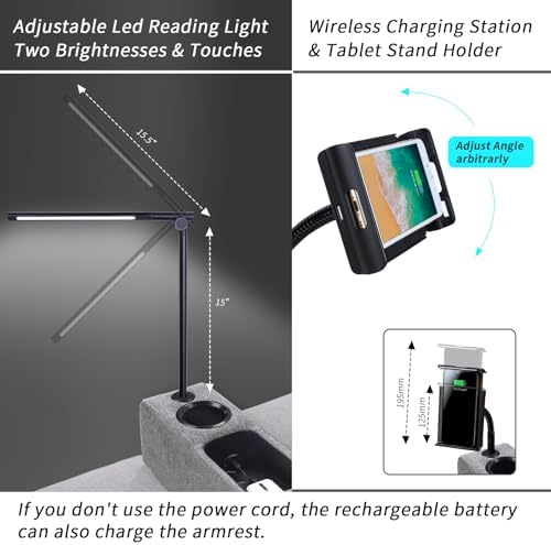 Removable Sofa Armrest with Cup Holder, PU Leather Multifunctional Couch Caddy Storage Arm Rest with Power Wireless Charging Stand & LED Reading Light for Sofa Middle Seat Adjustable - Image 4