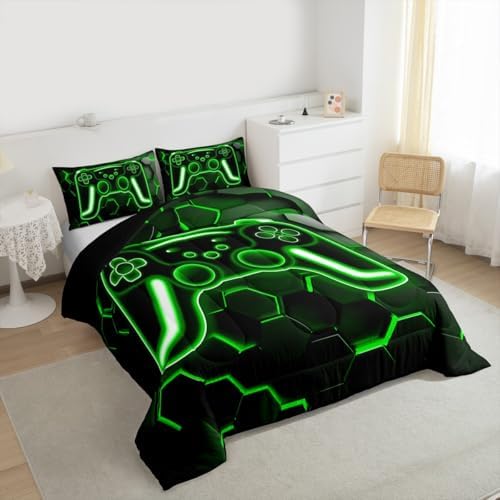 Erosebridal Gamer Comforter Set Neon Honeycomb Gaming King Bedding Set, Game Boy Games Comforter Green Hexagon Lights Duvet Insert,Boys Bedroom Decor - Image 2