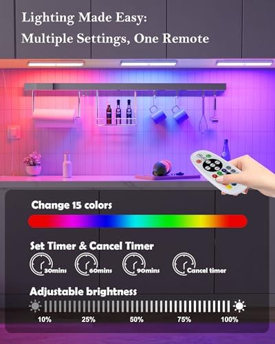 Under Cabinet Lighting Rechargeable 48-LED Wireless Under Cabinet Lights Remote, Kitchen Counter Lights Closet Lights RGB Perfect for Indoor Pantry Display Shelf 15 Color Changing(6 Packs) - Image 3