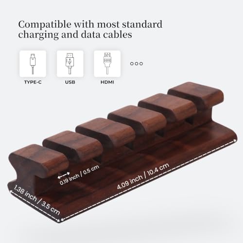 Walnut Wood Cord Holder – 5 Slots Cable Organizer with Adhesive Tape, Desk Wire Management for USB, Charging, HDMI, and Type-C Cables (5 Slot) - Image 2