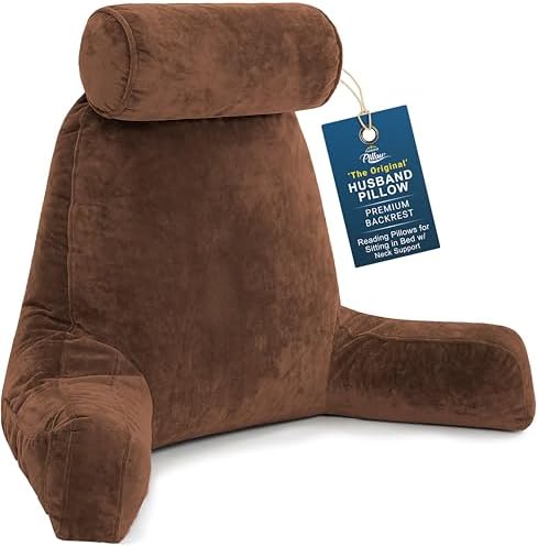Husband Pillow XXL The Original for Adults - 30" Tall Backrest for Sitting Up in Bed - Firm Support Reading & Bed Rest Pillows for Adults, Neck Roll, Removable Cover - TV - Chocolate by HusbandPillow