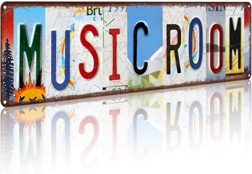 Music Room Vintage Metal Tin Sign, License Plate Style Wall Decor, Colorful Retro Design 4×16 Inch (26002) by Funnysign