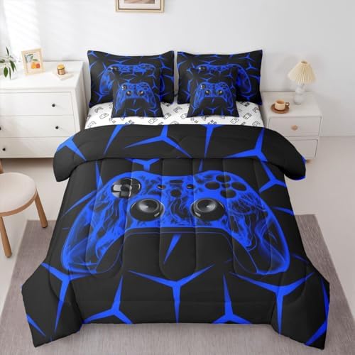 Feelyou Gamer Bedding Set Gamepad Comforter Set with Sheets 7 Piece for Boys Gaming Gifts Bed in a Bag King Game Controller Blue Bed Set with Comforter,Sheets,Cushion Covers - Image 3