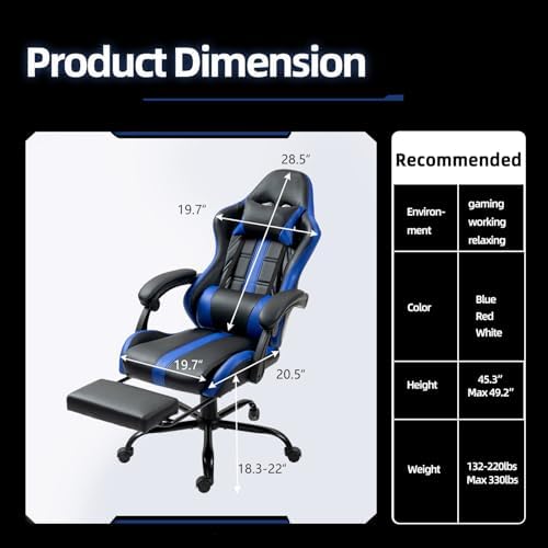 ECOTOUGE Massage Gaming Chair with Footrest & Lumbar Support, Blue | Premium PU Leather; Ergonomic Massage Lumbar; 90-135° Recline; Height Adjustable; Retractable Footrest; 330Lbs Steel Frame - Image 3