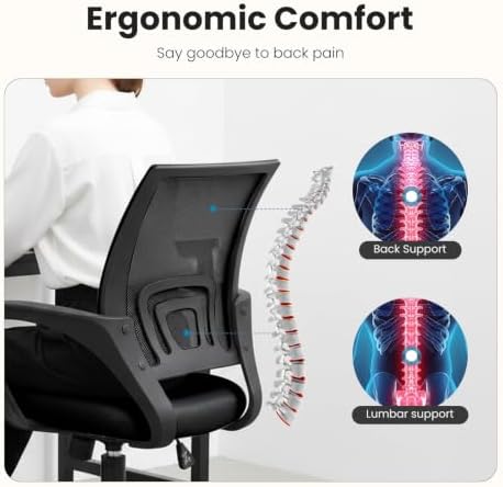 DUMOS Ergonomic Office Chair, Mid-Back Executive Desk Chair 2 Pack | Comfortable Lumbar Support, Breathable Backrest, Fixed Armrest, Height Adjustable, 360° Swivel, Computer Gaming, Black - Image 3