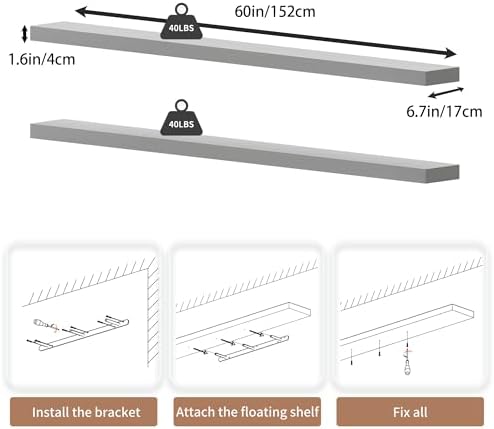 60 inch Long Floating Shelves for Wall,Solid Wood Long Shelves Set of 2,Rustic Wall Mounted Shelves with Invisible Brackets for Decor & Storage (White, 60 Inch) - Image 2