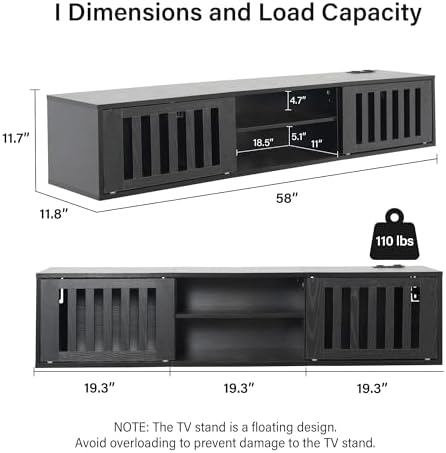 59" Floating TV Stand Wall Mounted with Power Outlet, Black - Image 2